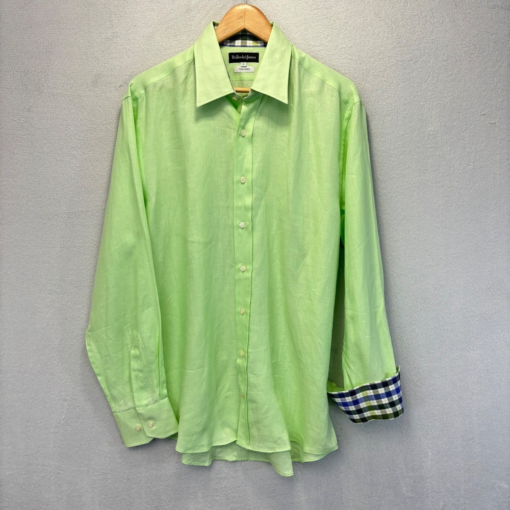 Bullock & Jones 100% Linen Contrast Cuffs Button Up Shirt Mens L Green Tailored